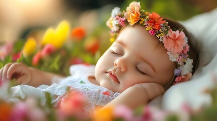 Obraz premium Beautiful Baby Girl sleep between the flowers with flower crown 