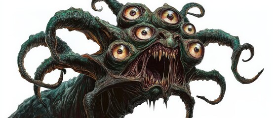 A fearsome creature with multiple eyes and tentacles, perfect for fantasy art or horror-themed visuals.