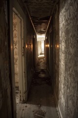Haunted Corridor. A long, narrow corridor with peeling wallpaper, and dim lighting casting unsettling shadows. 