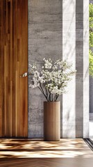 Japanese wabi-sabi interiors design composition with shadows interplay and copyspace.