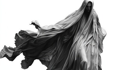 A mysterious figure draped in flowing fabric, evoking an ethereal and haunting presence in monochrome tones.
