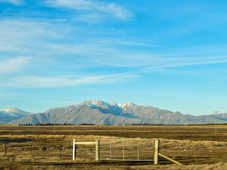 View of mountain along the road trip from Lake Tekapo to Christchurch, NZ South Island 
