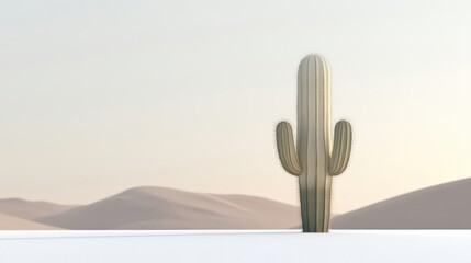 A solitary cactus stands tall against a serene, minimalist desert landscape, evoking tranquility and natural beauty.