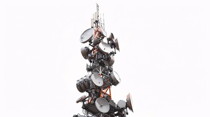 Clear and detailed image of a telecommunication tower with 5G antennas, isolated against a white background, in 32k UHD with focus stacking, showing all components with high clarity