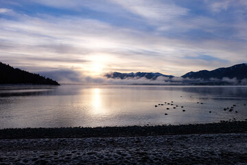 Road trip, Winter, Snowflake and frost over grass and wild flower, Lake Tekapo, Canterbury, New Zealand, South Island 