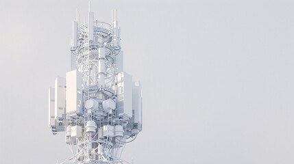 Clear and detailed image of a telecommunication tower with 5G antennas, isolated against a white background, in 32k UHD with focus stacking, showing all components with high clarity