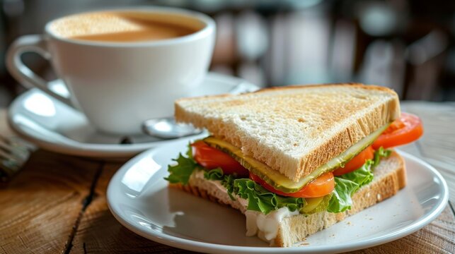 Realistic photo of a coffee cup and sandwich on a table, showcasing appetizing food and drink