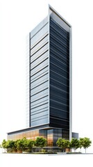 Obraz premium Modern skyscraper with glass facade and green landscaping, showcasing contemporary architecture in an urban setting.