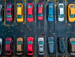 Fototapeta premium Aerial Overhead View of Organized Car Parking Lot in Urban City Environment