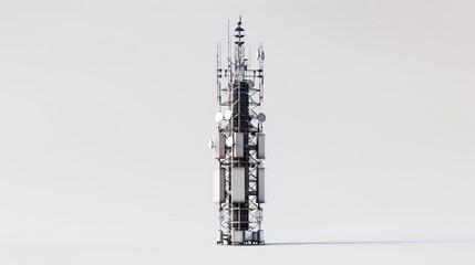 Ultra-high-definition image of a telecommunication tower, featuring 5G mobile internet antennas, isolated on a white background, captured in 32k UHD with focus stacking for maximum detail