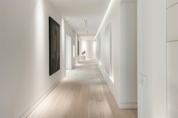 Obraz premium Minimalistic Scandinavian Corridor. A sleek, white hallway with clean lines and minimal decoration. Light wood flooring and simple, modern light fixtures create an airy, open feel.