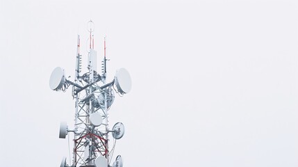 Sharp and detailed photo of a telecommunication tower with 5G antennas, isolated on a white background, in 32k UHD with focus stacking, highlighting every element with precision