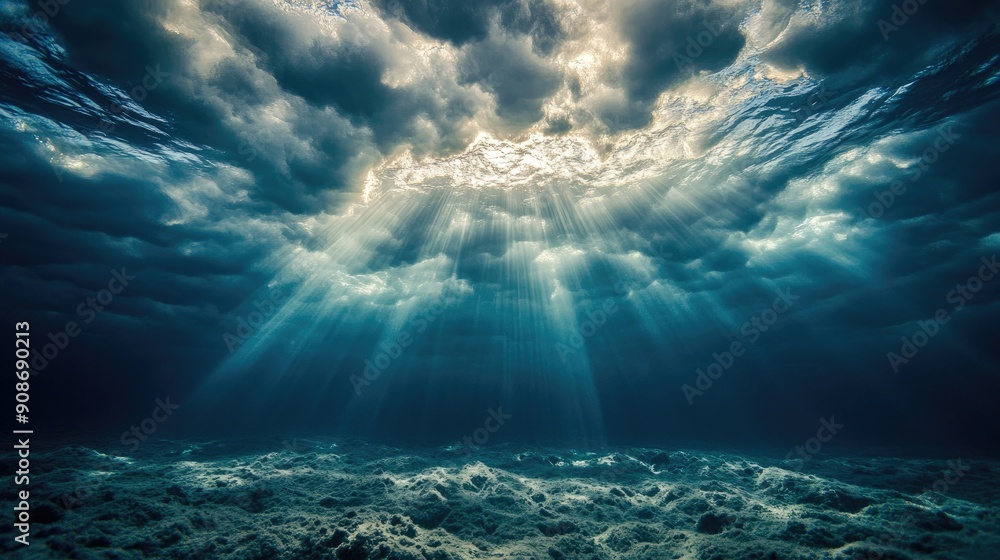 Poster sunlight rays penetrating the ocean water, creating a mesmerizing underwater view.