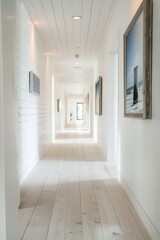 Minimalistic Scandinavian Corridor. A sleek, white hallway with clean lines and minimal decoration. Light wood flooring and simple, modern light fixtures create an airy, open feel.