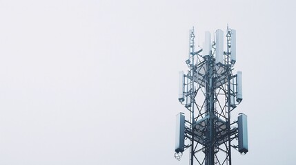 Sharp and detailed photo of a telecommunication tower with 5G antennas, isolated on a white background, in 32k UHD with focus stacking, highlighting every element with precision