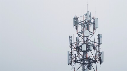 Sharp and detailed photo of a telecommunication tower with 5G antennas, isolated on a white background, in 32k UHD with focus stacking, highlighting every element with precision