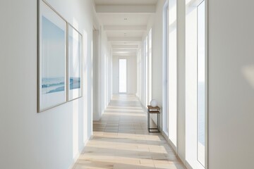 Minimalistic Scandinavian Corridor. A sleek, white hallway with clean lines and minimal decoration. Light wood flooring and simple, modern light fixtures create an airy, open feel.