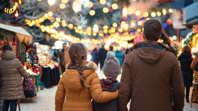 Three-person family navigating the throngs at a public event in the area