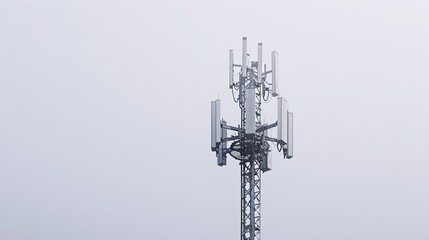 High-resolution image of a 5G telecommunication tower, isolated on a white background, photographed in 32k UHD with focus stacking, emphasizing the fine details and clarity of the antennas