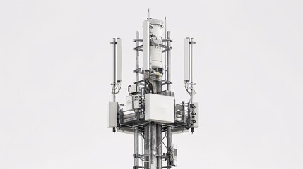 High-resolution image of a 5G telecommunication tower, isolated on a white background, photographed in 32k UHD with focus stacking, emphasizing the fine details and clarity of the antennas