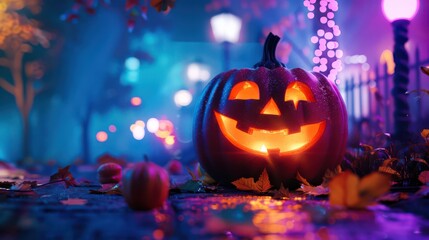 Obraz premium Elegant and modern Halloween scene with minimalist decorations and neon lights at night.