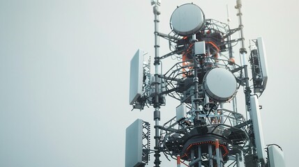 Detailed 32k UHD photo of a telecommunication tower with 5G antennas, isolated on a white background, showcasing high-detail focus stacking to capture every intricate part