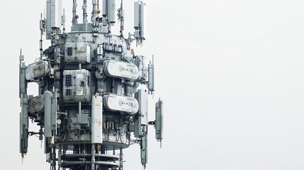 Detailed 32k UHD photo of a telecommunication tower with 5G antennas, isolated on a white background, showcasing high-detail focus stacking to capture every intricate part