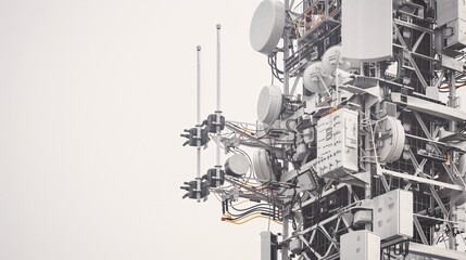 Detailed 32k UHD photo of a telecommunication tower with 5G antennas, isolated on a white background, showcasing high-detail focus stacking to capture every intricate part