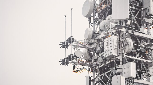Detailed 32k UHD photo of a telecommunication tower with 5G antennas, isolated on a white background, showcasing high-detail focus stacking to capture every intricate part