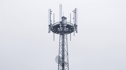 Ultra-high-definition image of a telecommunication tower, equipped with 5G antennas, isolated on a white background, captured in 32k UHD with focus stacking, ensuring maximum detail and clarity