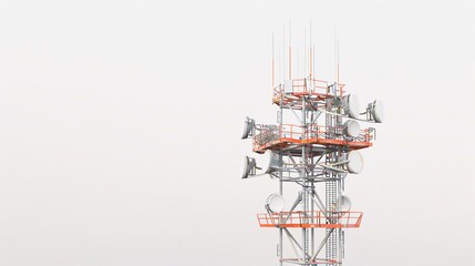 Ultra-high-definition image of a telecommunication tower, equipped with 5G antennas, isolated on a white background, captured in 32k UHD with focus stacking, ensuring maximum detail and clarity