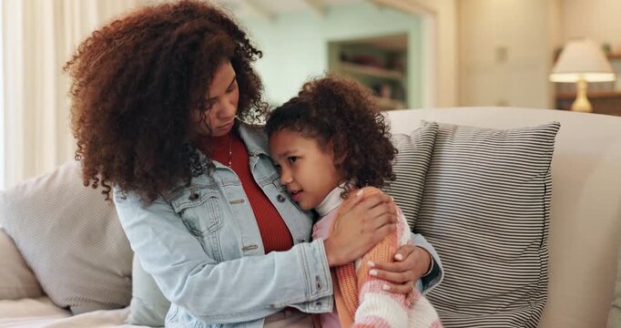 Mother, sad child and hug with comfort, trust and relationship in family home for bonding. Woman, girl and affection for love, compassion and soothing for development, growth and support in embrace