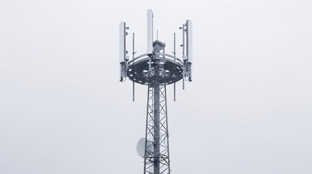 Ultra-high-definition image of a telecommunication tower, equipped with 5G antennas, isolated on a white background, captured in 32k UHD with focus stacking, ensuring maximum detail and clarity
