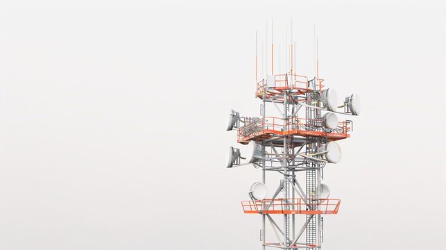 Ultra-high-definition image of a telecommunication tower, equipped with 5G antennas, isolated on a white background, captured in 32k UHD with focus stacking, ensuring maximum detail and clarity
