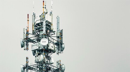 Ultra-high-definition image of a telecommunication tower, equipped with 5G antennas, isolated on a white background, captured in 32k UHD with focus stacking, ensuring maximum detail and clarity