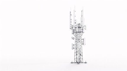 High-resolution image of a telecommunication tower with 5G cellular antennas, isolated on a white background, captured in 32k UHD with focus stacking, showcasing intricate details