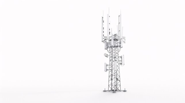 High-resolution image of a telecommunication tower with 5G cellular antennas, isolated on a white background, captured in 32k UHD with focus stacking, showcasing intricate details