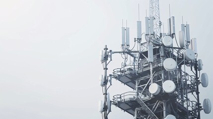 High-resolution image of a telecommunication tower with 5G cellular antennas, isolated on a white background, captured in 32k UHD with focus stacking, showcasing intricate details