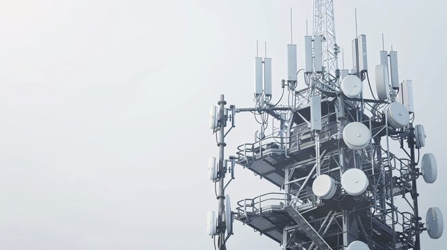 High-resolution image of a telecommunication tower with 5G cellular antennas, isolated on a white background, captured in 32k UHD with focus stacking, showcasing intricate details