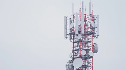 Detailed shot of a telecommunication tower featuring 5G mobile internet antennas, isolated on a clean white background, in 32k UHD with focus stacking, emphasizing high clarity