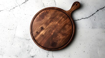 Round Wooden Cutting Board on White Marble Background