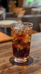 Close up Shot of Refreshing Carbonated Soda Drink with Ice Cubes on Wooden Table