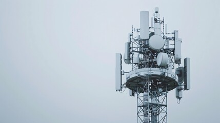 Detailed shot of a telecommunication tower featuring 5G mobile internet antennas, isolated on a clean white background, in 32k UHD with focus stacking, emphasizing high clarity