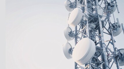 Detailed shot of a telecommunication tower featuring 5G mobile internet antennas, isolated on a clean white background, in 32k UHD with focus stacking, emphasizing high clarity