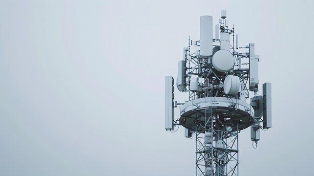 Detailed shot of a telecommunication tower featuring 5G mobile internet antennas, isolated on a clean white background, in 32k UHD with focus stacking, emphasizing high clarity