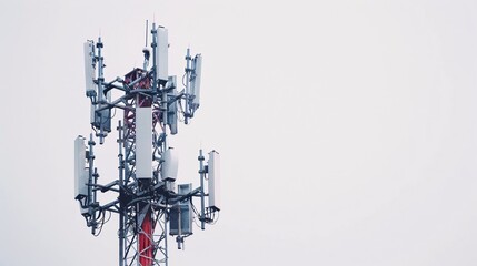 Detailed shot of a telecommunication tower featuring 5G mobile internet antennas, isolated on a clean white background, in 32k UHD with focus stacking, emphasizing high clarity