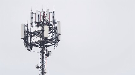 Isolated image of a telecommunication tower equipped with 5G cellular antennas, photographed in 32k UHD with focus stacking, showcasing sharp details and clarity on a white background