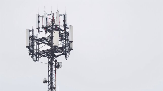 Isolated image of a telecommunication tower equipped with 5G cellular antennas, photographed in 32k UHD with focus stacking, showcasing sharp details and clarity on a white background