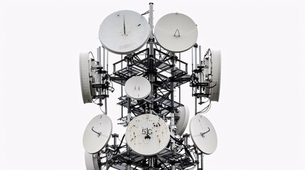 High-definition photo of a telecommunication tower with 5G antennas, isolated on a white background, captured in 32k UHD with focus stacking, highlighting intricate details and precision