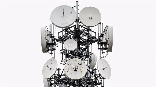 High-definition photo of a telecommunication tower with 5G antennas, isolated on a white background, captured in 32k UHD with focus stacking, highlighting intricate details and precision
